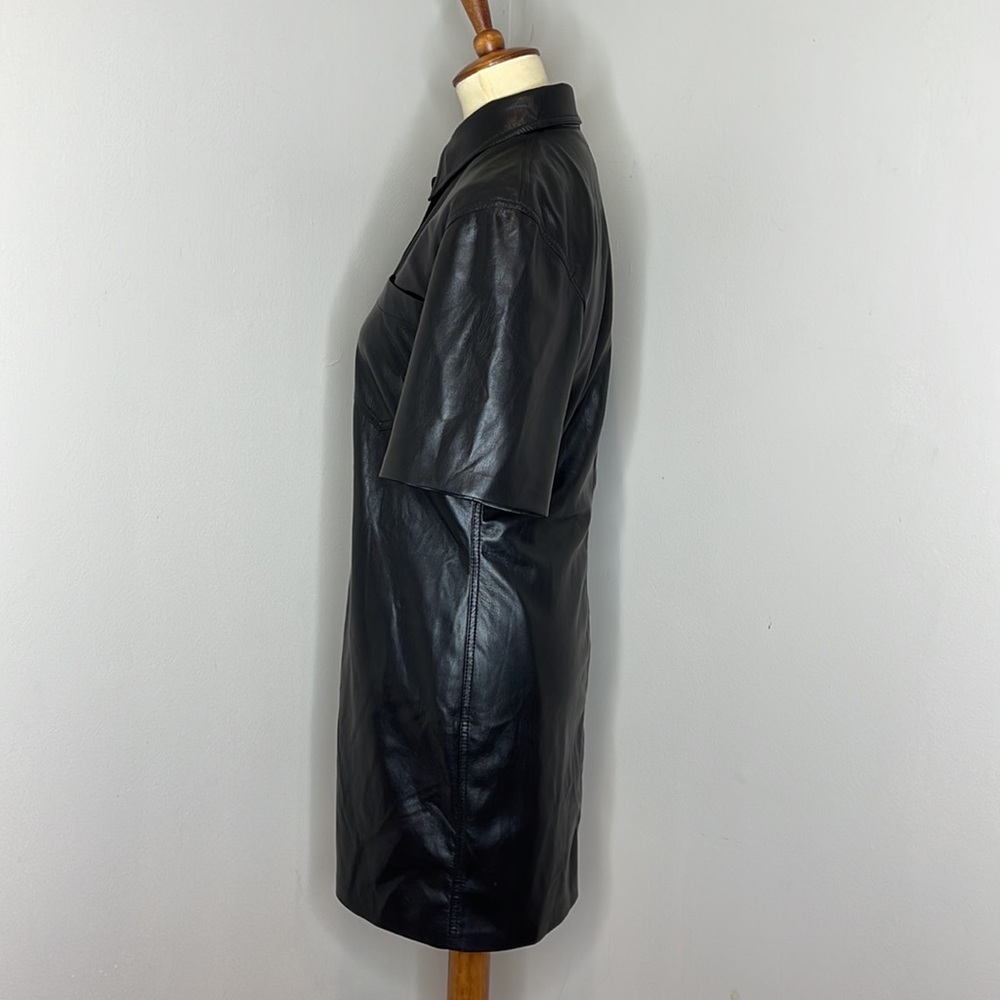 NANUSHKA “Berto” Vegan‎ Leather Collared Button-down Shirtdress in Black - Picture 7 of 15